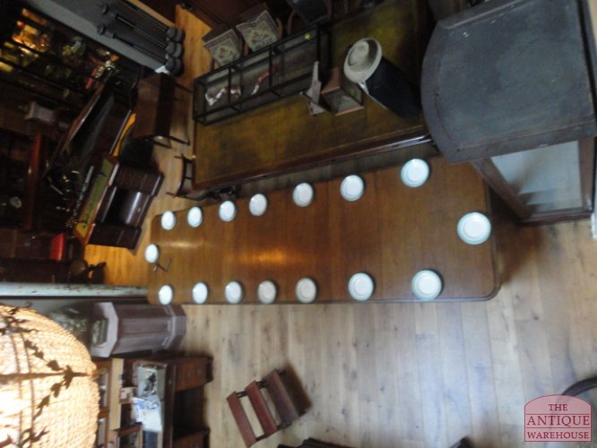 Antieke engelse eiken coulissen eettafel, uitschuifbaar met dubbele moulding randen