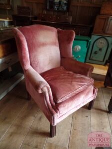 antieke Engelse oorfauteille in roze velours stof, VERKOCHT