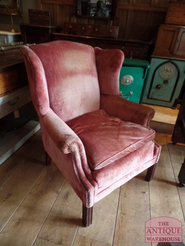 antieke Engelse oorfauteille in roze velours stof, VERKOCHT