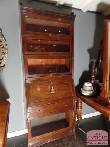 antieke stapelbare mahonie boekenkast met secretaire