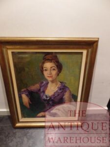 schilderij van dame paarse jurk, madame Pierehumberts 1965 geschilderd door  Ellen de Tombay